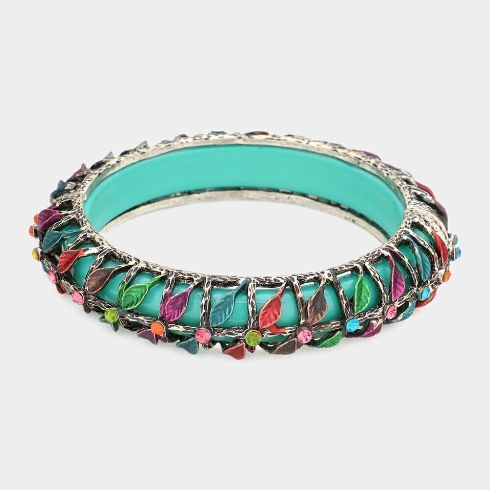NWT‎ Turquoise Antique Metal Leaf Crystal Tube Beaded Bangle Bracelet
